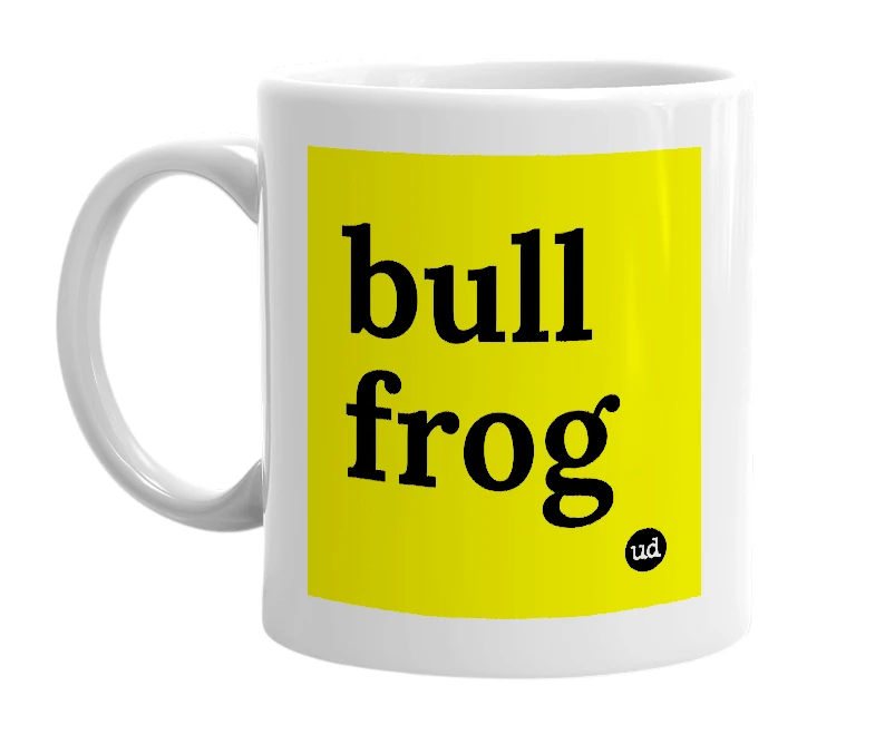 White mug with 'bull frog' in bold black letters