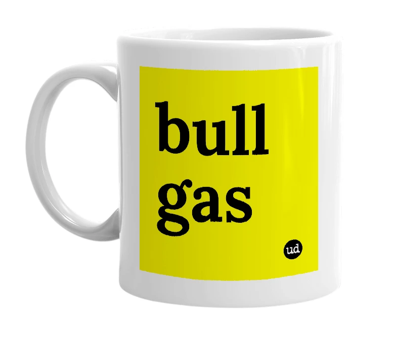 White mug with 'bull gas' in bold black letters