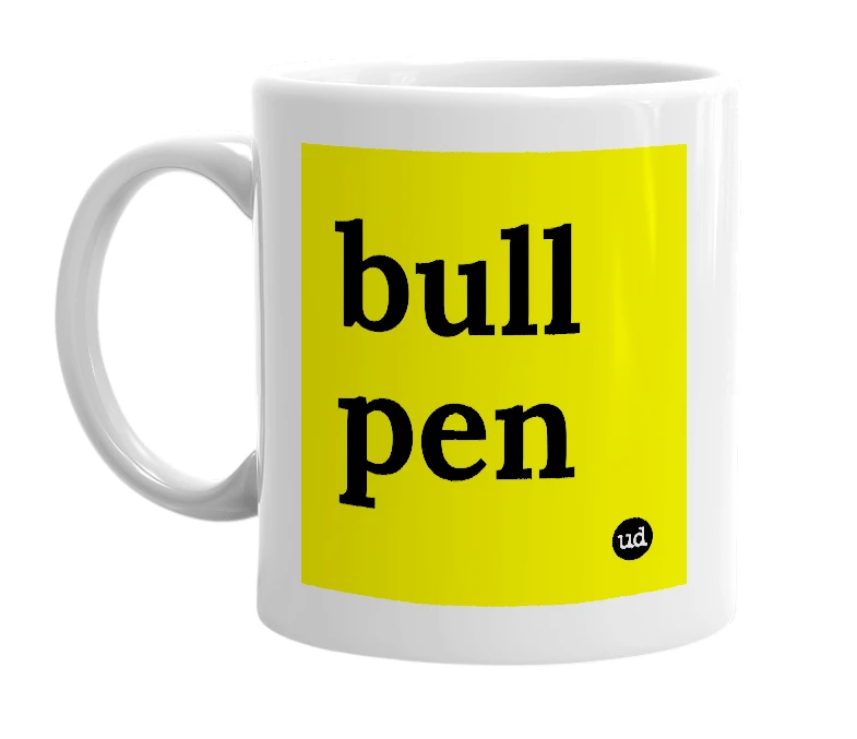 White mug with 'bull pen' in bold black letters