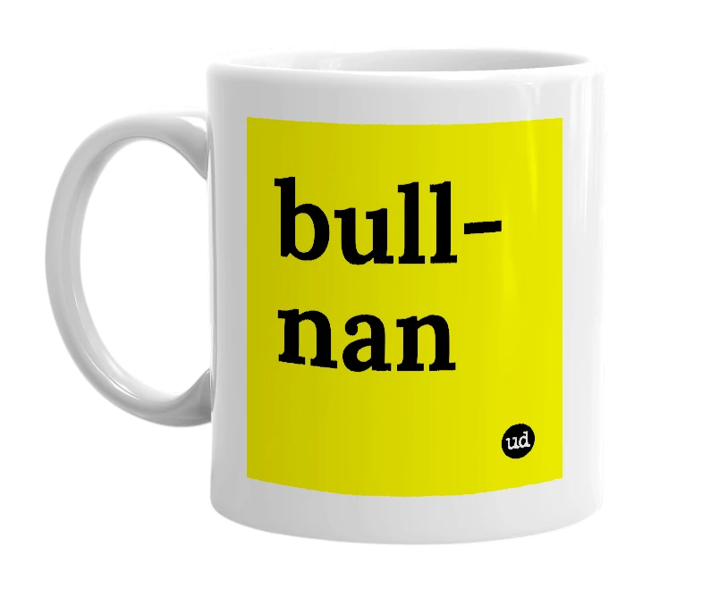 White mug with 'bull-nan' in bold black letters