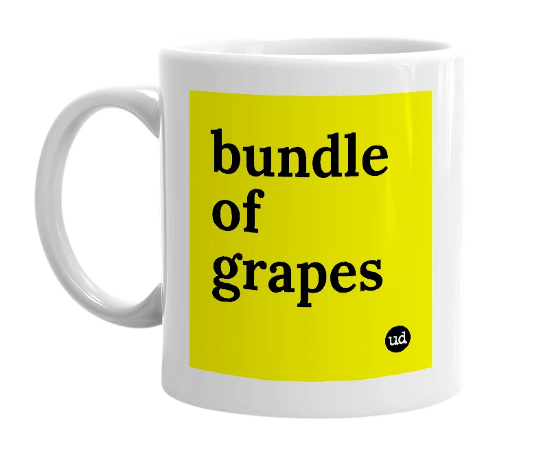 White mug with 'bundle of grapes' in bold black letters