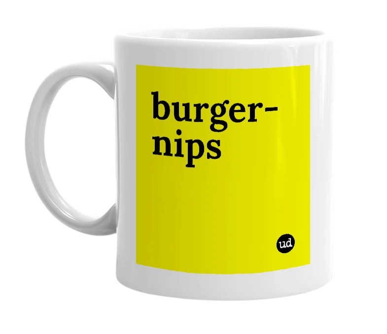 White mug with 'burger-nips' in bold black letters