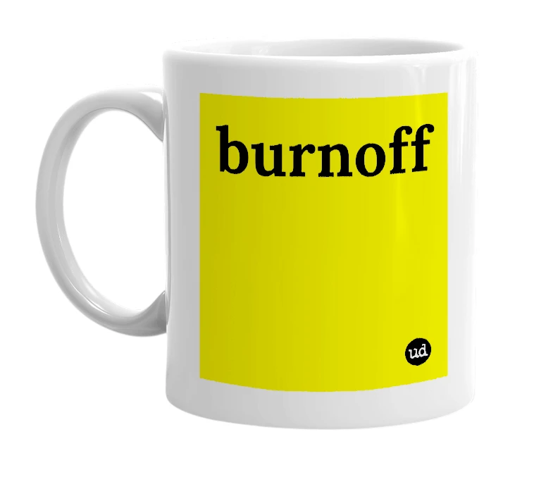 White mug with 'burnoff' in bold black letters