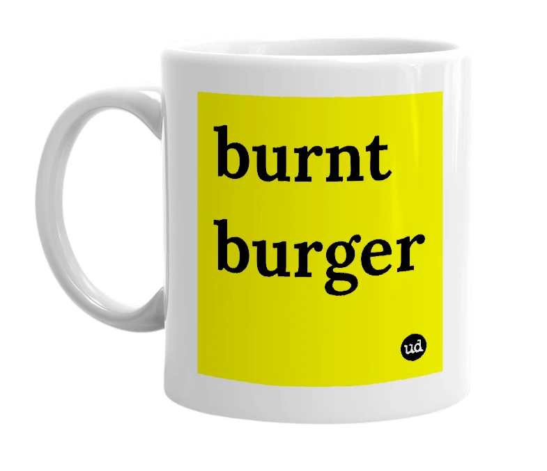 White mug with 'burnt burger' in bold black letters