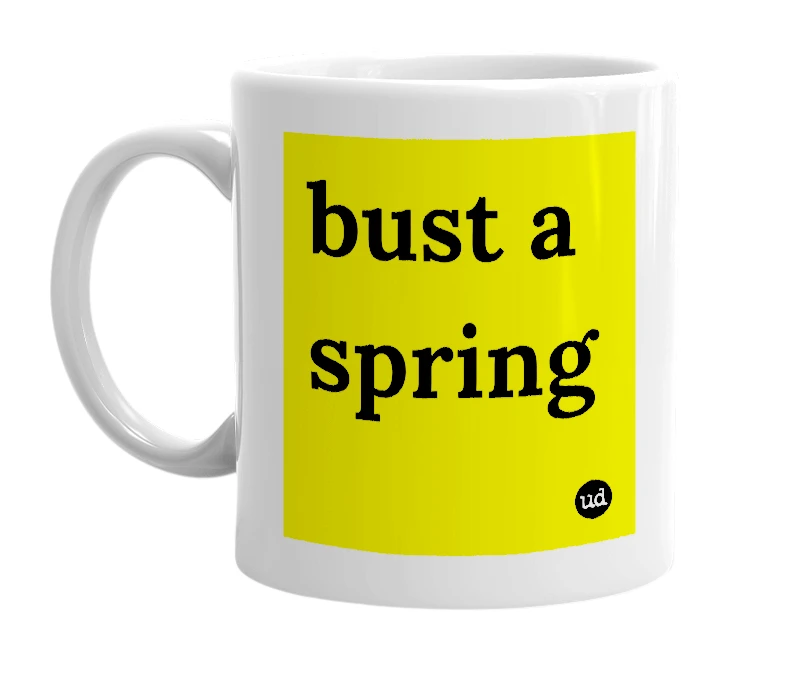 White mug with 'bust a spring' in bold black letters