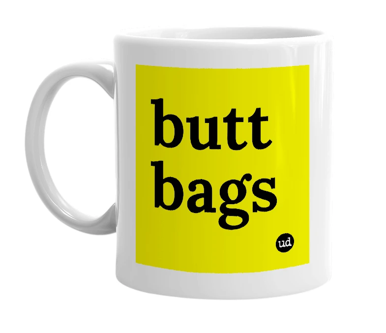 White mug with 'butt bags' in bold black letters