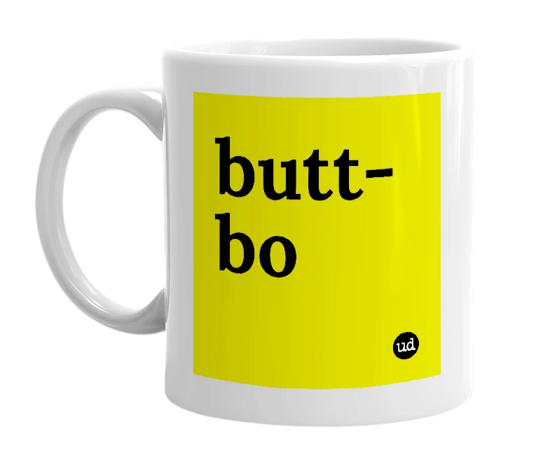 White mug with 'butt-bo' in bold black letters