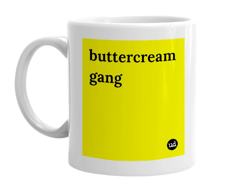 White mug with 'buttercream gang' in bold black letters