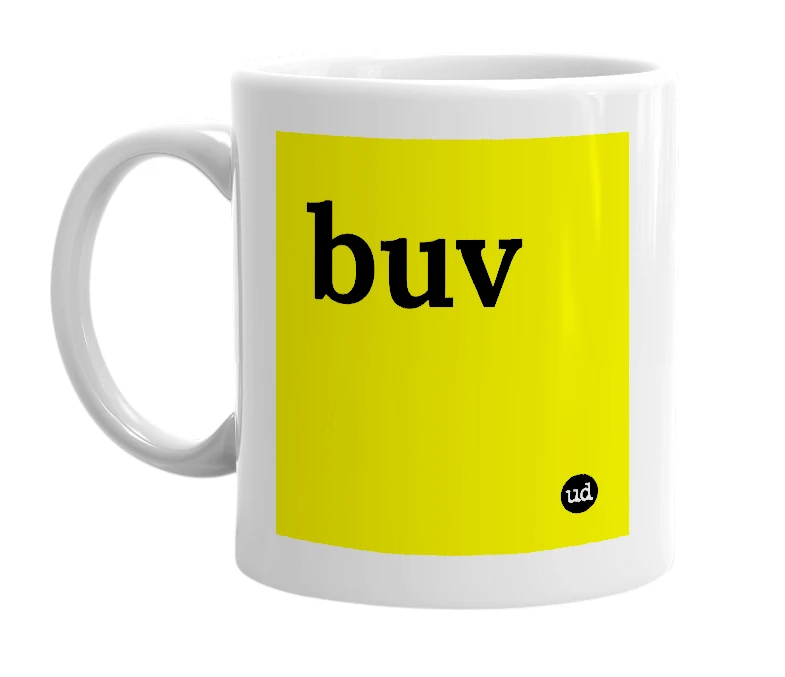 White mug with 'buv' in bold black letters