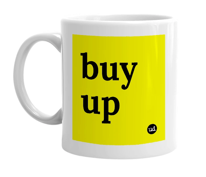 White mug with 'buy up' in bold black letters