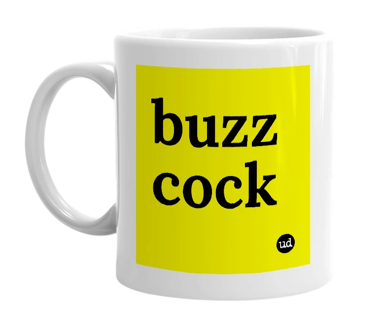 White mug with 'buzz cock' in bold black letters