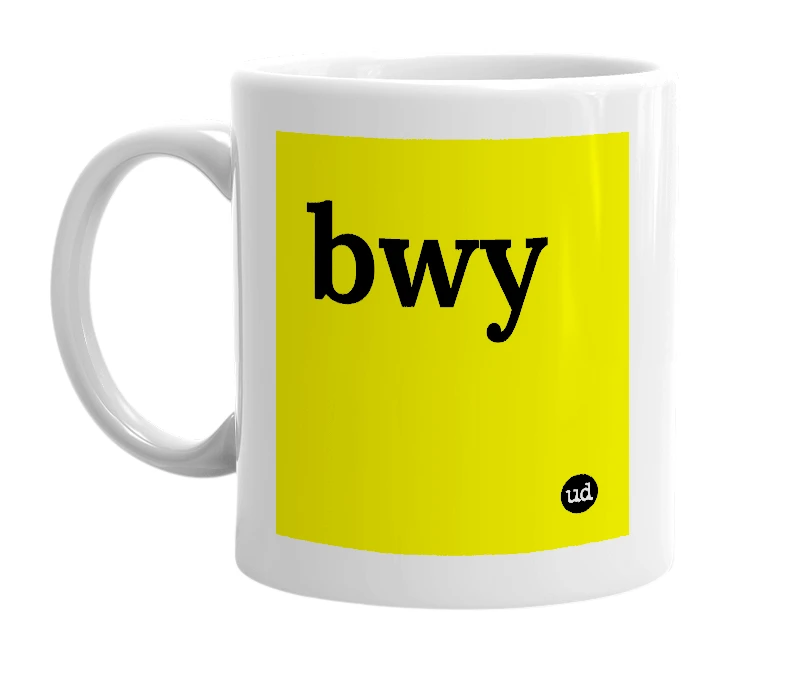 White mug with 'bwy' in bold black letters