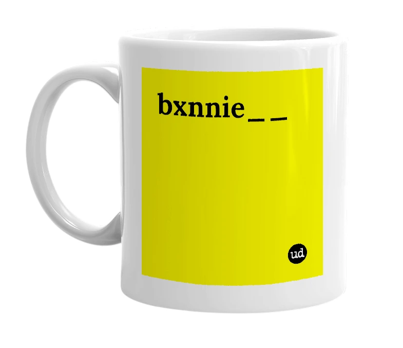 White mug with 'bxnnie__' in bold black letters