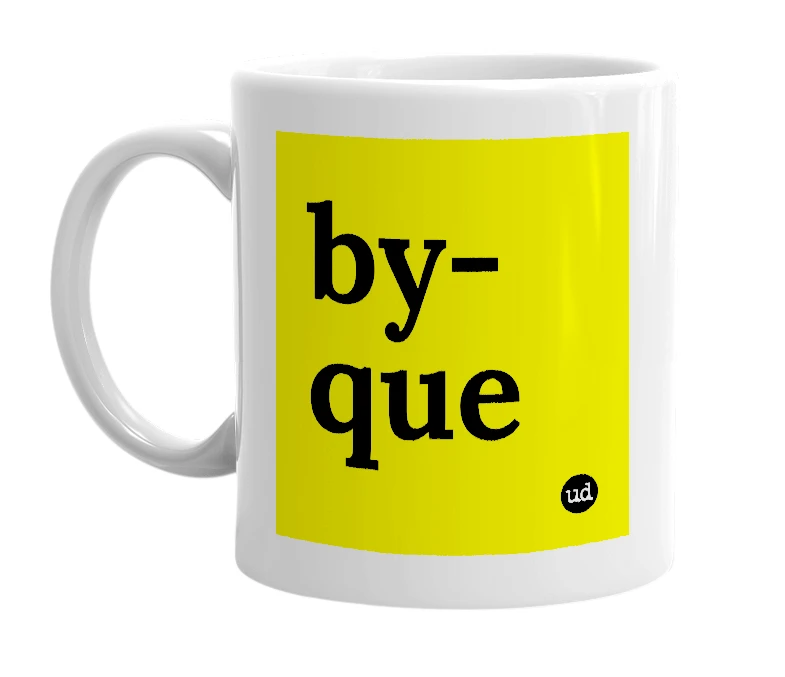 White mug with 'by-que' in bold black letters