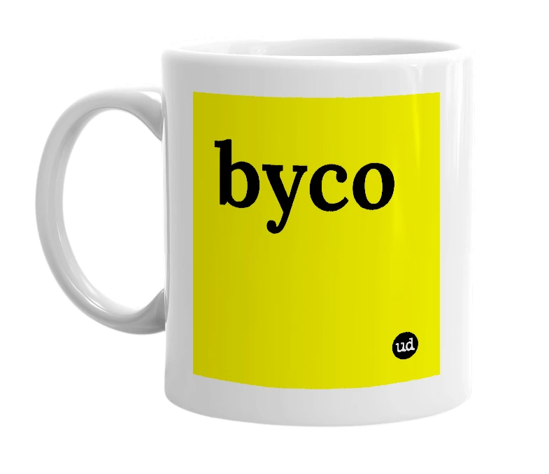 White mug with 'byco' in bold black letters