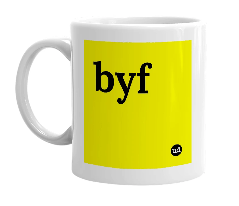 White mug with 'byf' in bold black letters