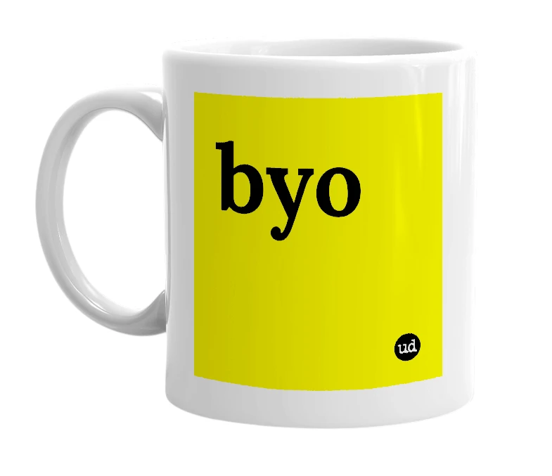 White mug with 'byo' in bold black letters