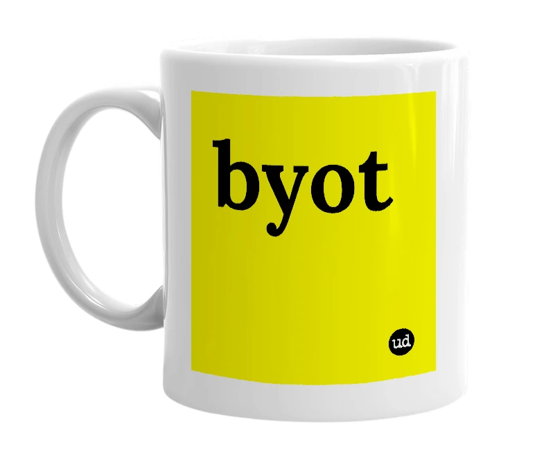 White mug with 'byot' in bold black letters