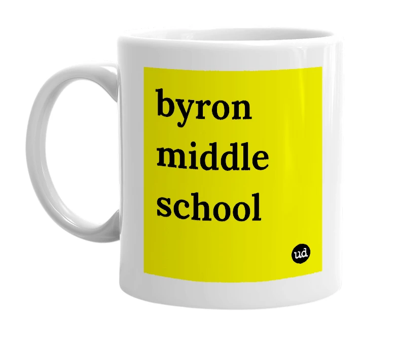 White mug with 'byron middle school' in bold black letters