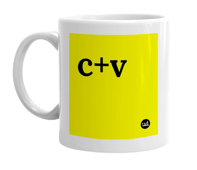 White mug with 'c+v' in bold black letters