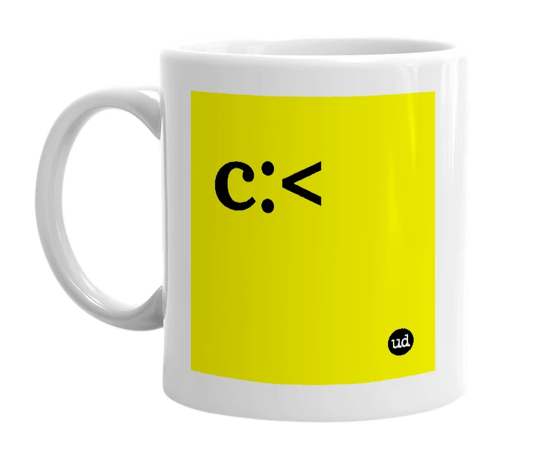 White mug with 'c:<' in bold black letters