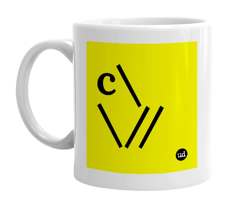 White mug with 'c\\//' in bold black letters