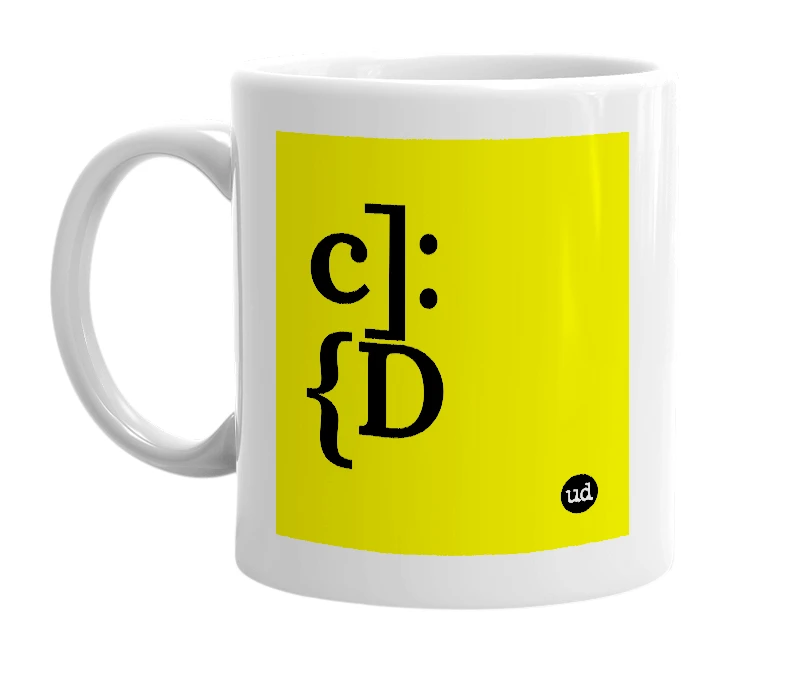 White mug with 'c]:{D' in bold black letters