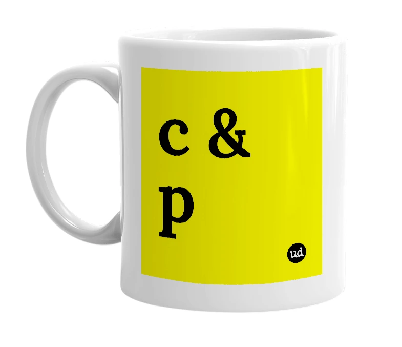 White mug with 'c & p' in bold black letters