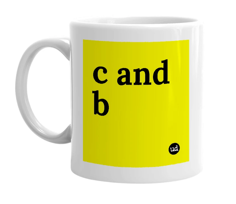 White mug with 'c and b' in bold black letters