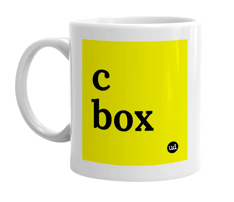 White mug with 'c box' in bold black letters