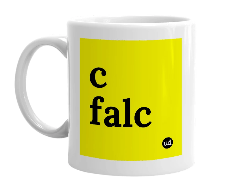 White mug with 'c falc' in bold black letters