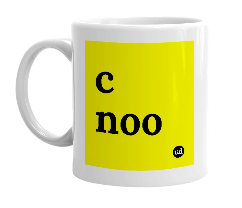 White mug with 'c noo' in bold black letters