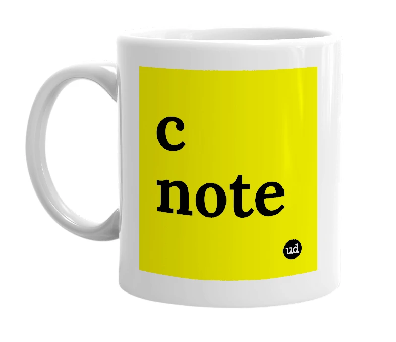 White mug with 'c note' in bold black letters
