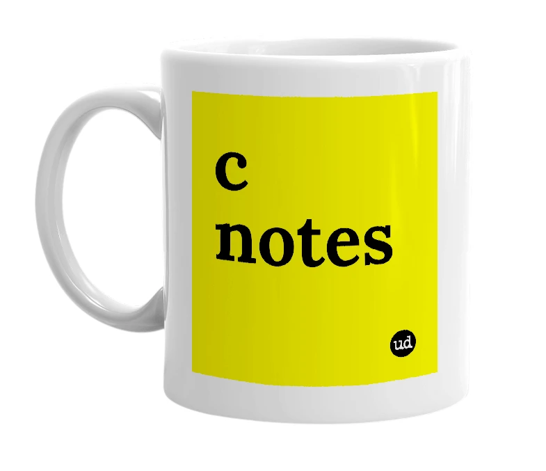 White mug with 'c notes' in bold black letters
