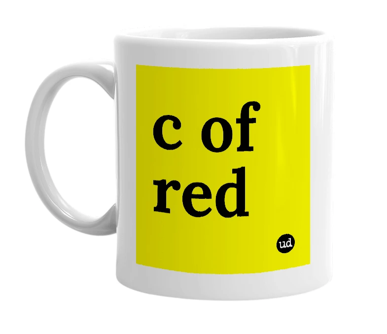 White mug with 'c of red' in bold black letters