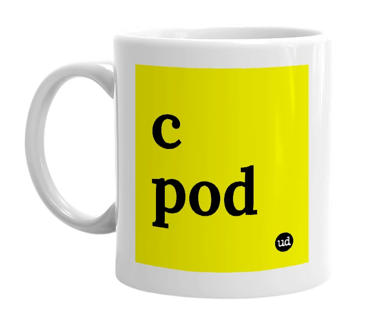 White mug with 'c pod' in bold black letters