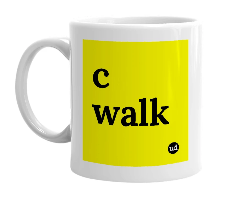 White mug with 'c walk' in bold black letters