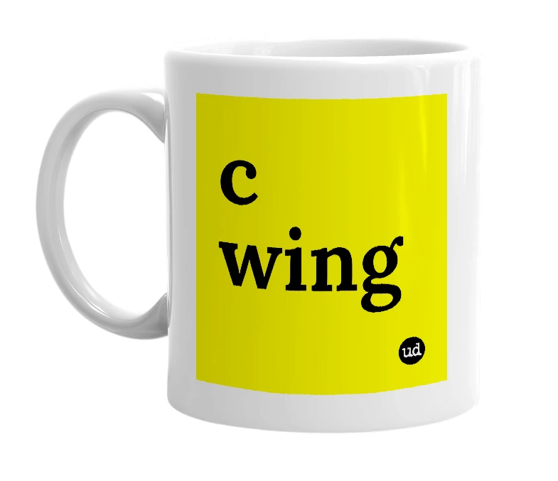 White mug with 'c wing' in bold black letters