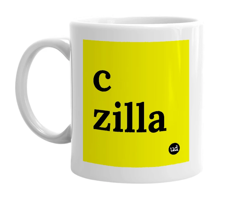 White mug with 'c zilla' in bold black letters