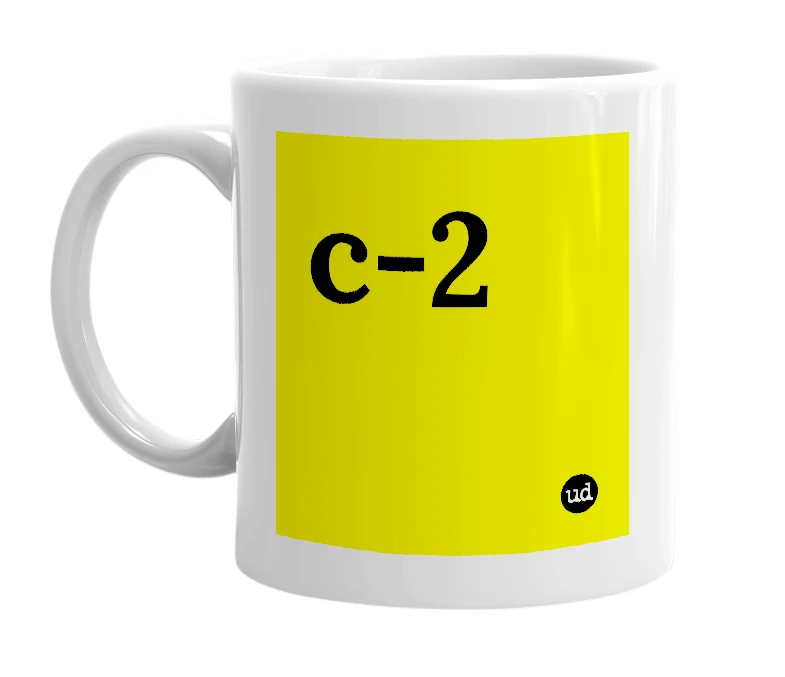 White mug with 'c-2' in bold black letters