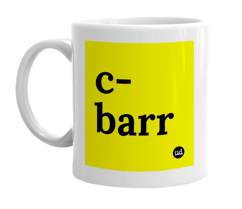 White mug with 'c-barr' in bold black letters