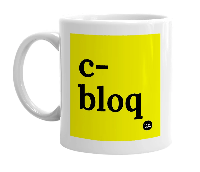 White mug with 'c-bloq' in bold black letters