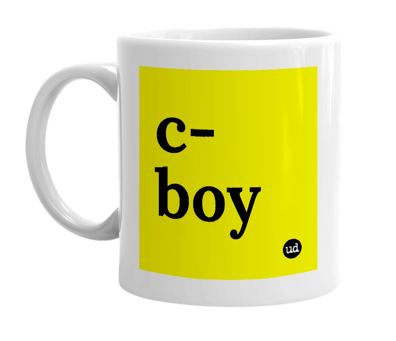 White mug with 'c-boy' in bold black letters