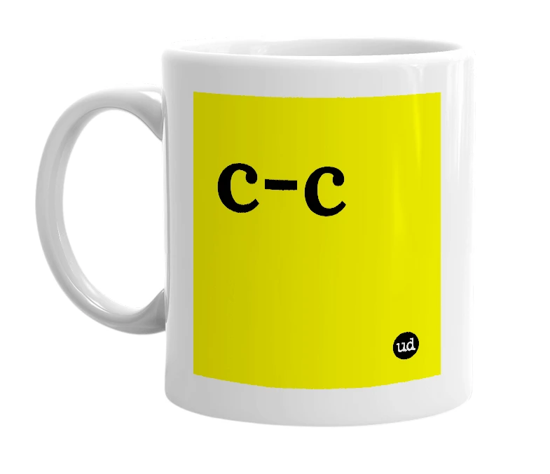 White mug with 'c-c' in bold black letters