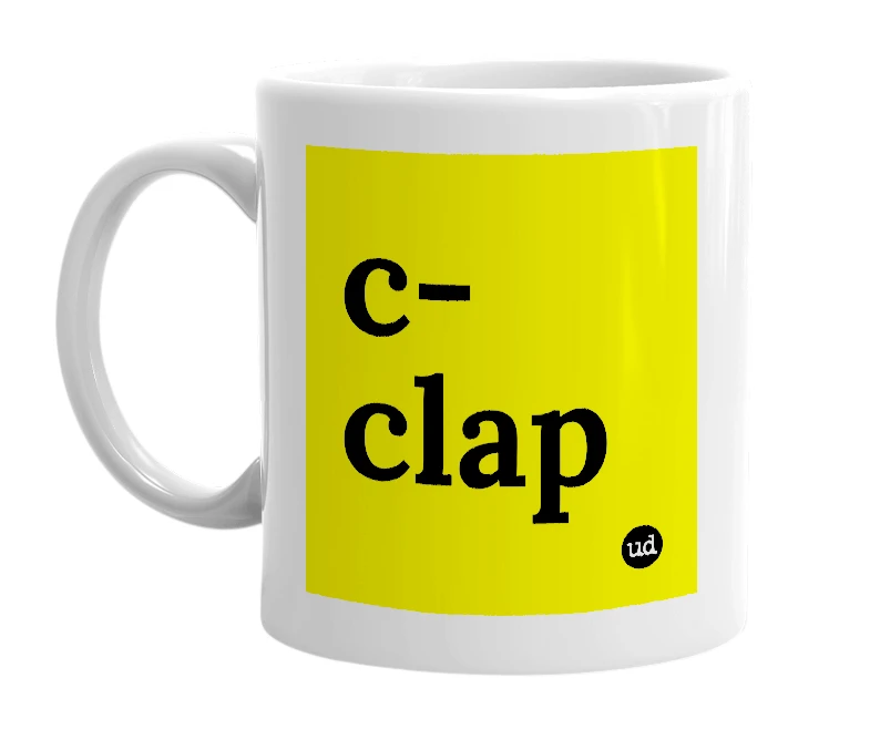 White mug with 'c-clap' in bold black letters