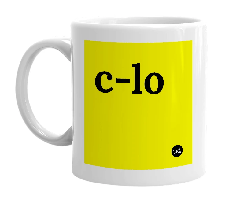 White mug with 'c-lo' in bold black letters