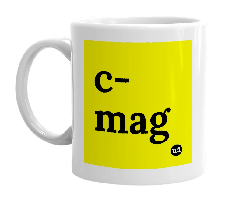 White mug with 'c-mag' in bold black letters