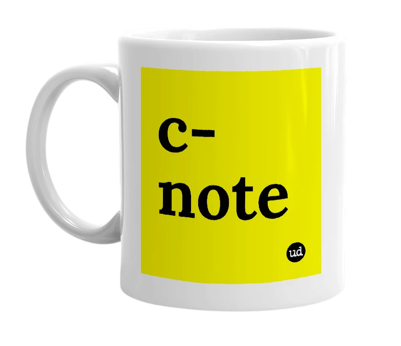 White mug with 'c-note' in bold black letters