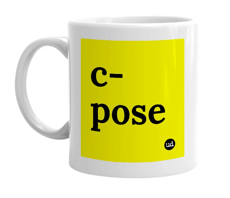 White mug with 'c-pose' in bold black letters