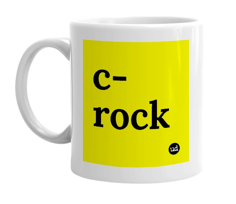 White mug with 'c-rock' in bold black letters